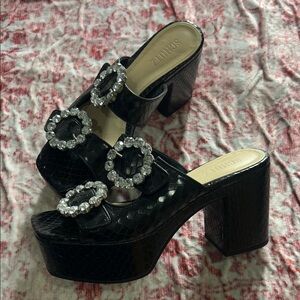 SCHUTZ Black Platform Heels Women 8.5 Rhinestone Buckle Mules Made in Brazil